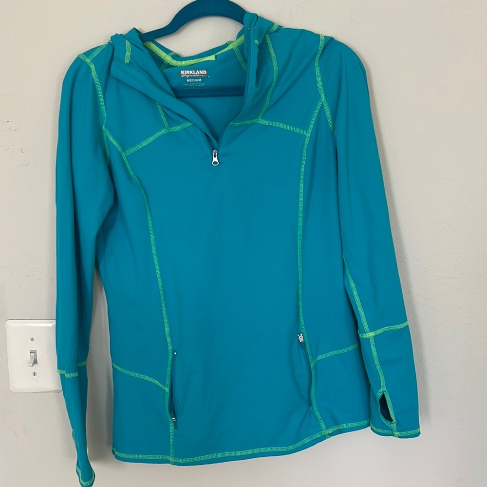 Blue and neon green 3/4 zip with hoodie